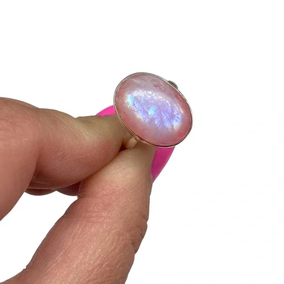 Pink Flash Rainbow Moonstone Ring Size 7 Solid 925 Sterling Silver